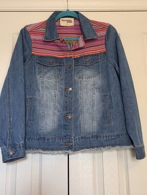 Savanna Jane Denim Western Jacket with Pink & Red Striped Yoke Embroidered Back